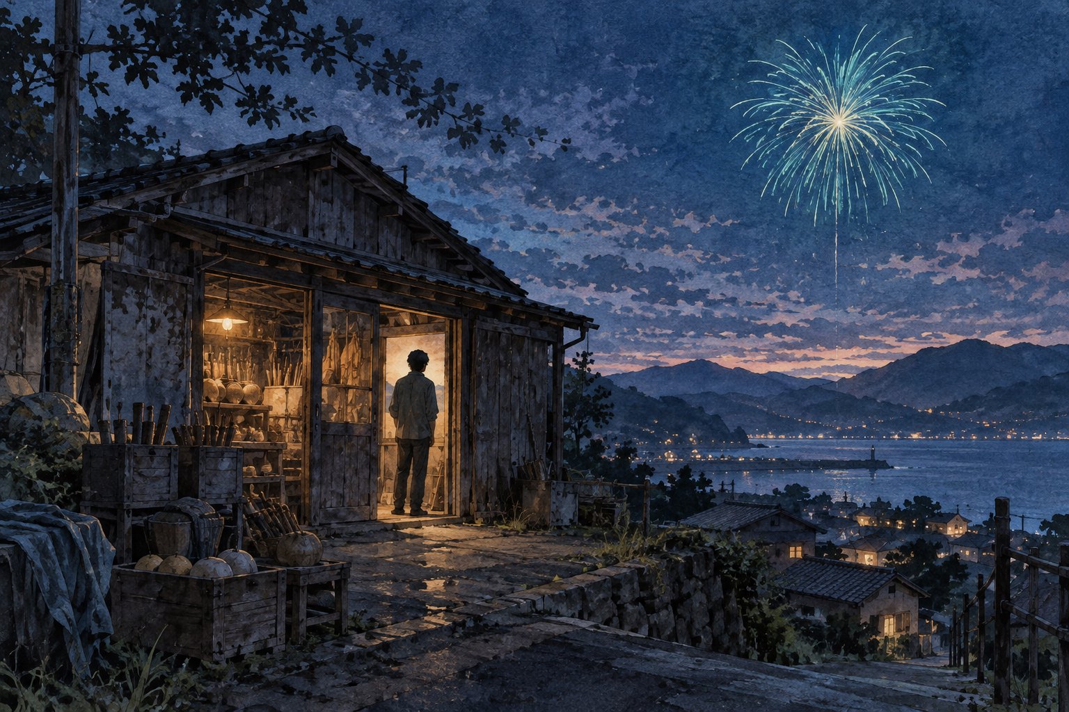 主题插画:暮色中的老旧烟火工坊门口立着孤独身影,远处夜空绽开青蓝色烟火