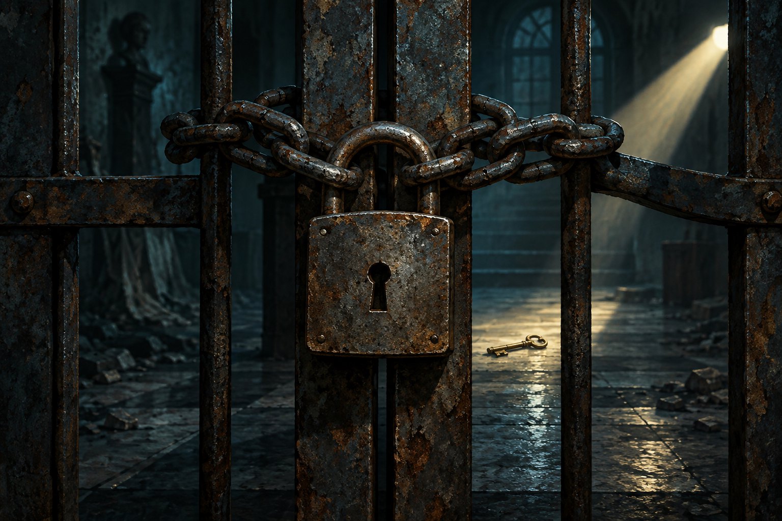 Concept illustration of a padlocked metal gate with a small brass key lying beyond its bars in a flashlight beam.
