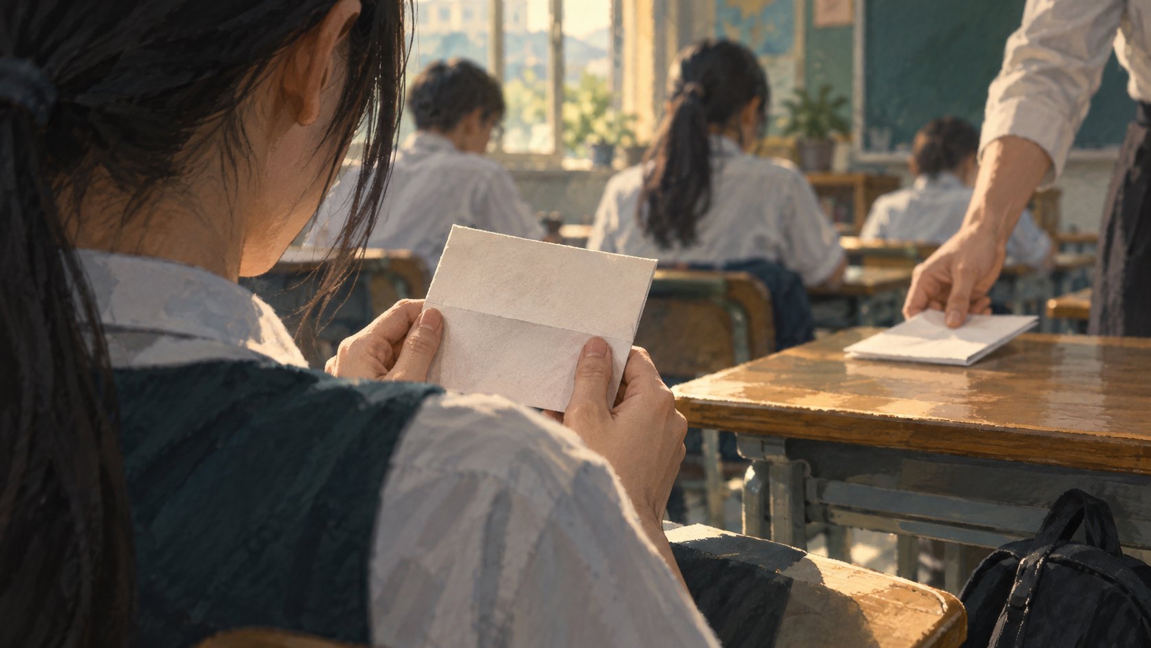 原創概念插畫:學生手持摺起的空白紙張,老師將另一份摺紙放上課桌,象徵對個人學習資訊的尊重。