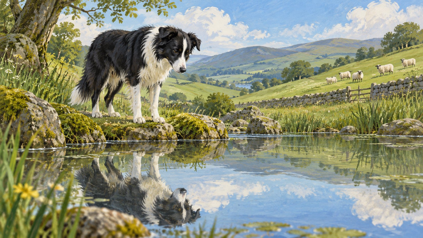 黑白牧羊犬凝視池水中的倒影，遠方羊群站在山坡上，呈現自我探索的概念插畫