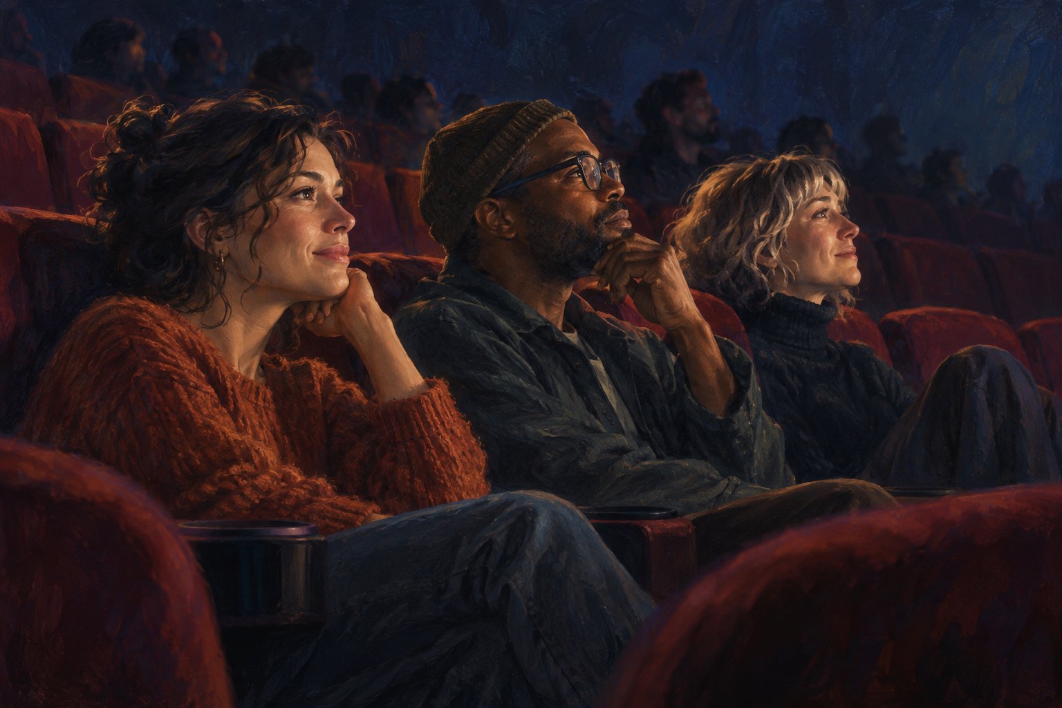 Painterly illustration of three attentive moviegoers illuminated by an unseen screen in a dim cinema with burgundy seats.