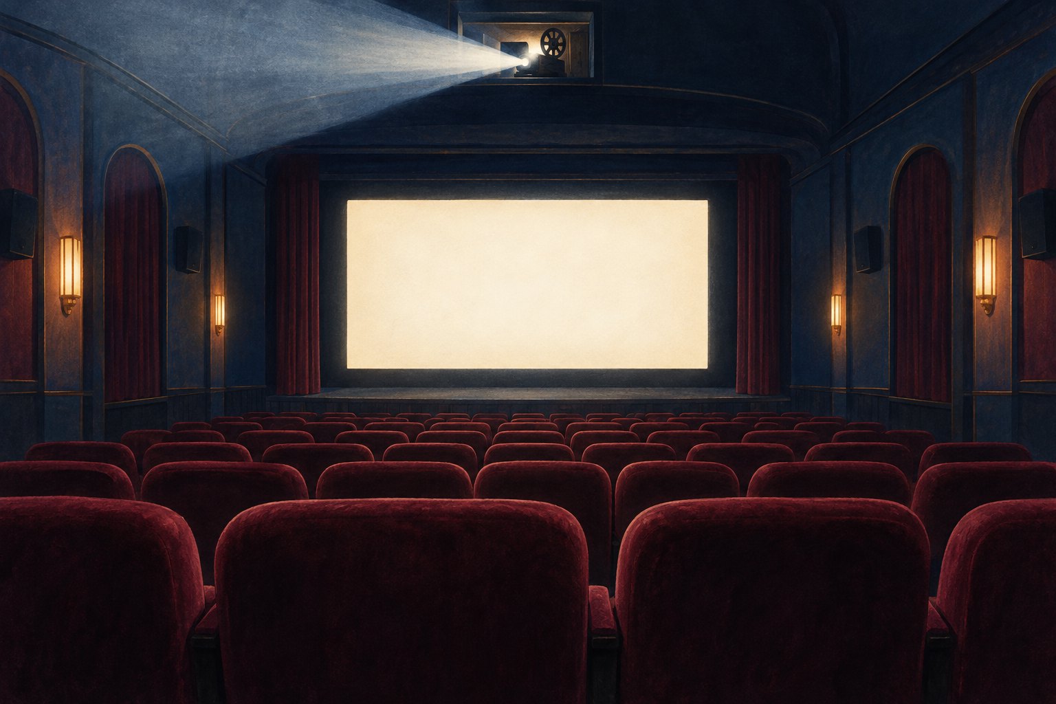 Illustration of an empty cinema with burgundy seats, a blank illuminated screen, and a projector beam.