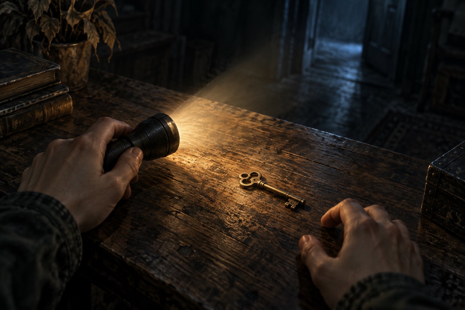 Conceptual illustration of hands holding a flashlight beside a brass key on a wooden table, with a dark doorway beyond.