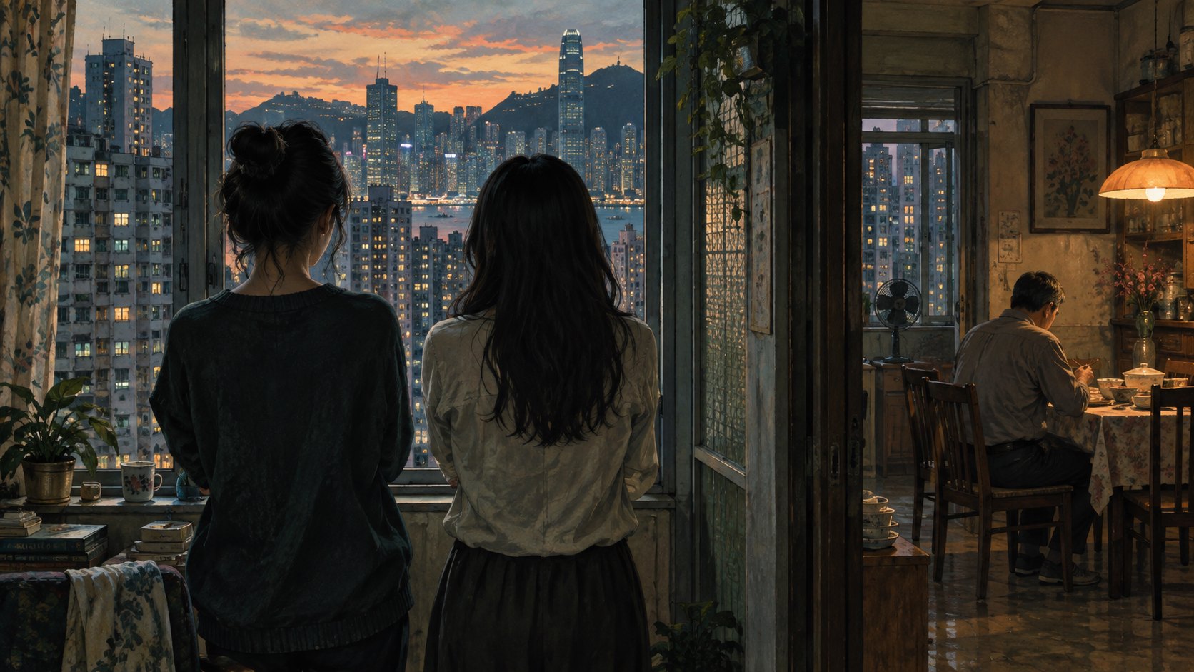 原創概念插畫:姊妹站在香港住宅窗前,與另一個房間裡獨坐的父親隔著一段距離。