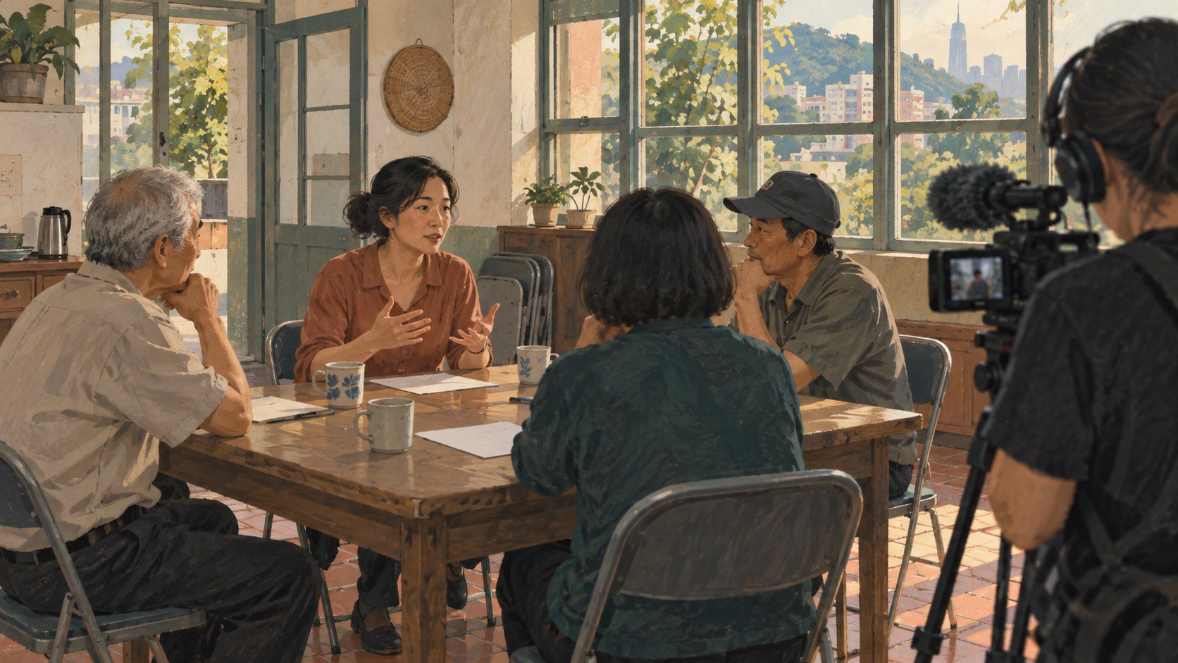 居民圍坐木桌聆聽彼此發言,攝影者在一旁記錄,呈現民主紀錄片傾聽日常的概念插畫