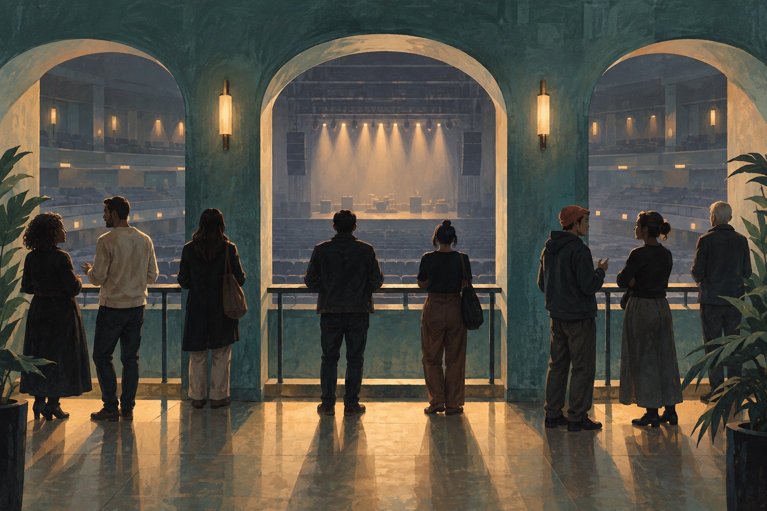 Editorial illustration of concertgoers looking toward an empty stage and talking beneath three concourse arches.