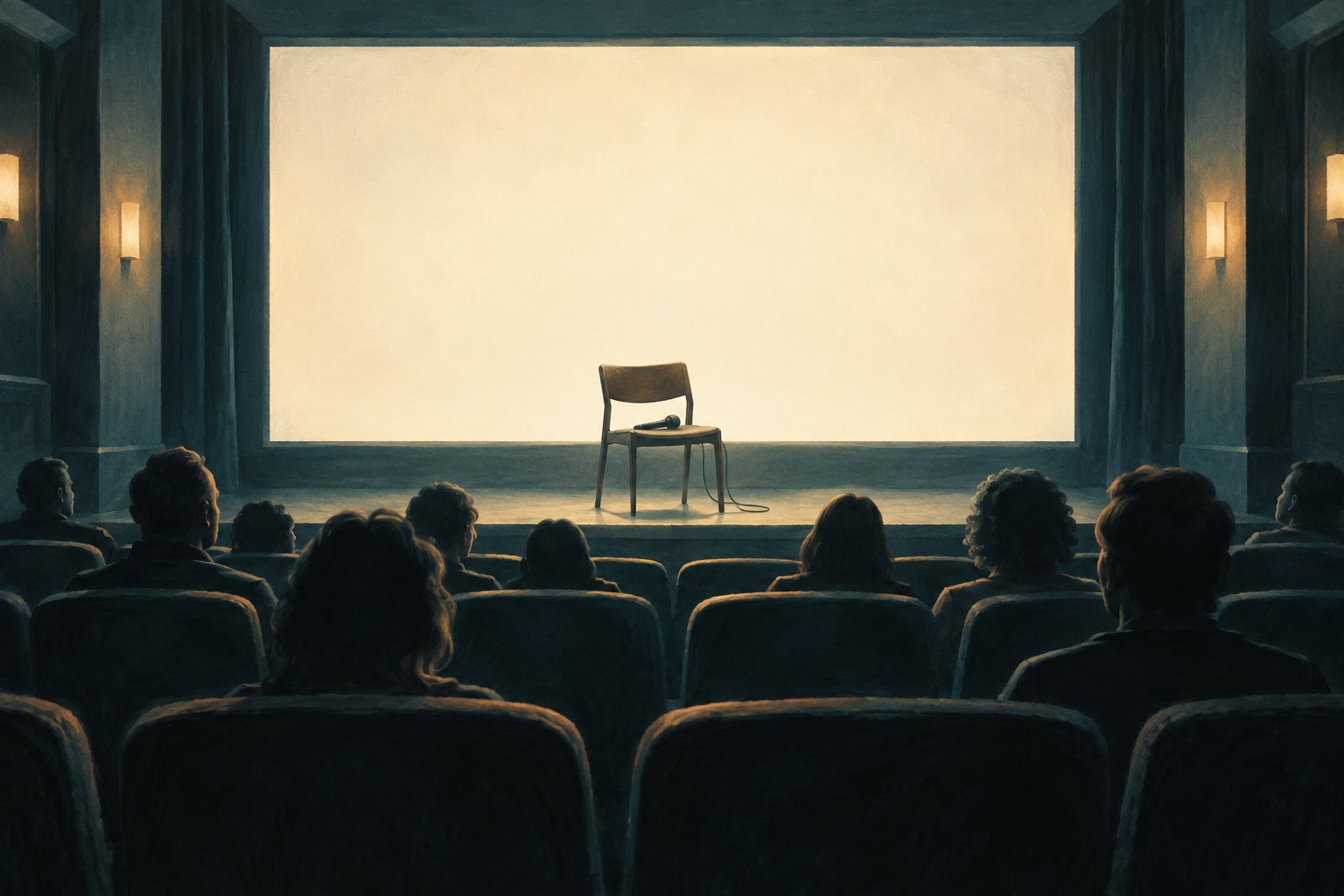 Symbolic illustration of a cinema audience facing a blank screen and an empty chair with a microphone.