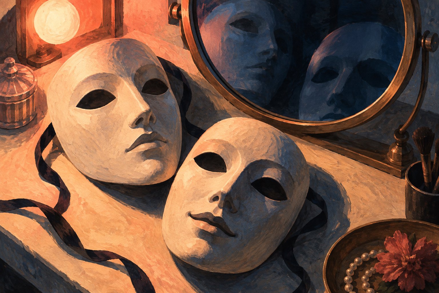 Conceptual illustration of two theatrical masks beside a round mirror, with warm light and deep blue reflections.