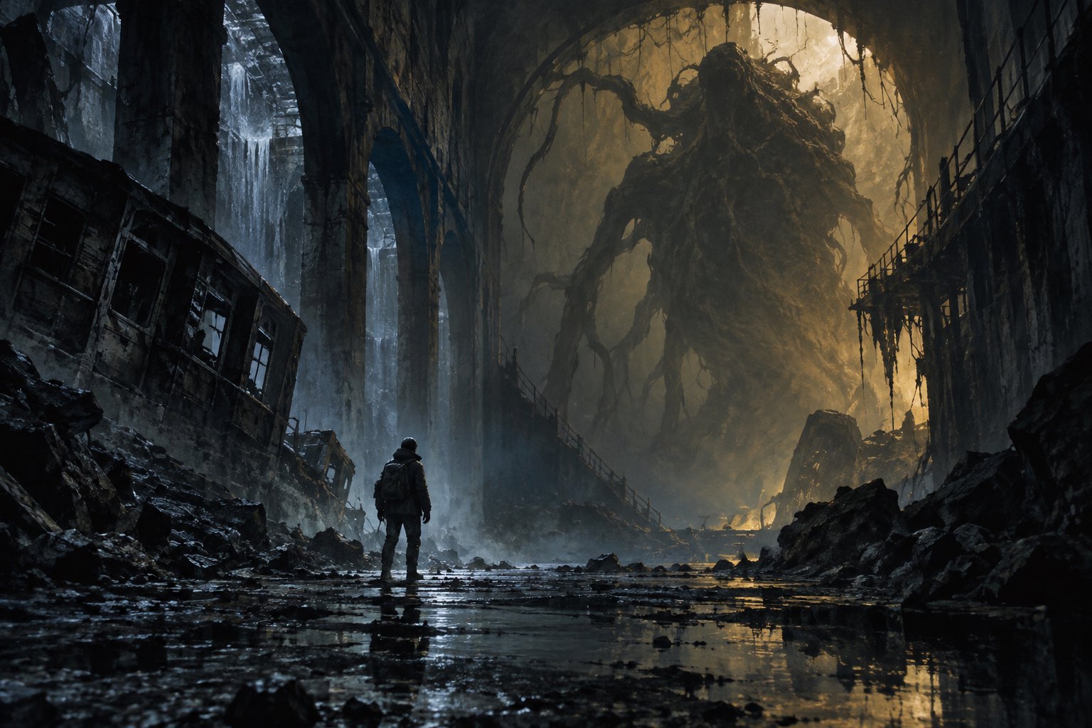 Concept illustration of a lone figure facing a towering monster in a ruined, shadowy passage.