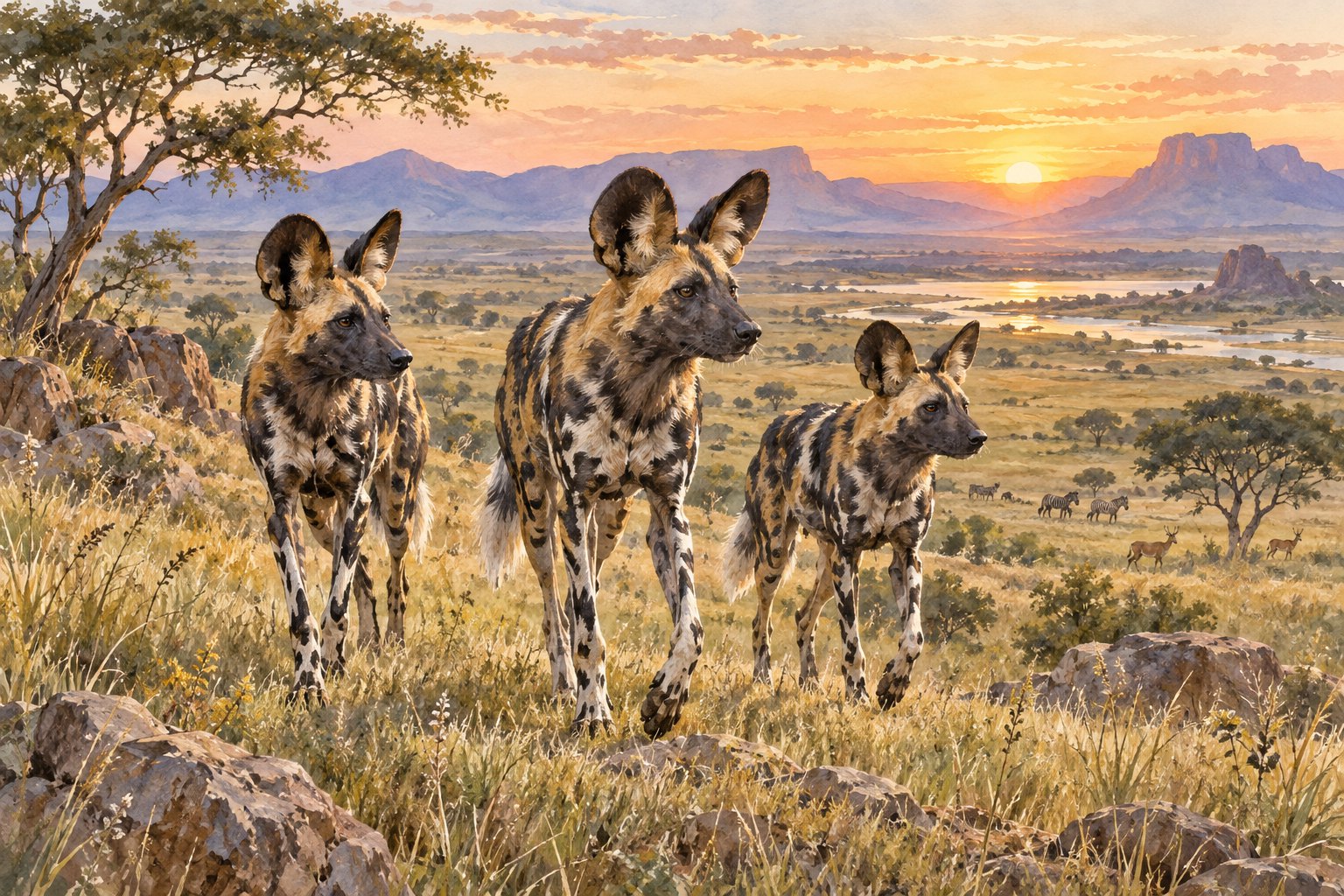 Painterly illustration of three African wild dogs walking through golden grass with distant mountains at sunrise.