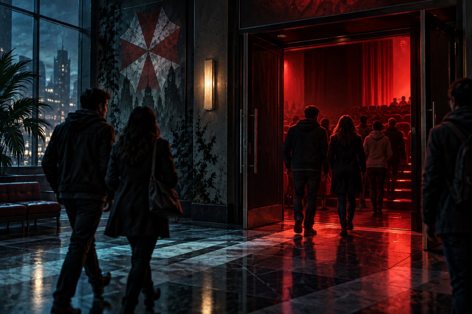 Editorial illustration of moviegoers entering a cinema auditorium illuminated by ominous red light.