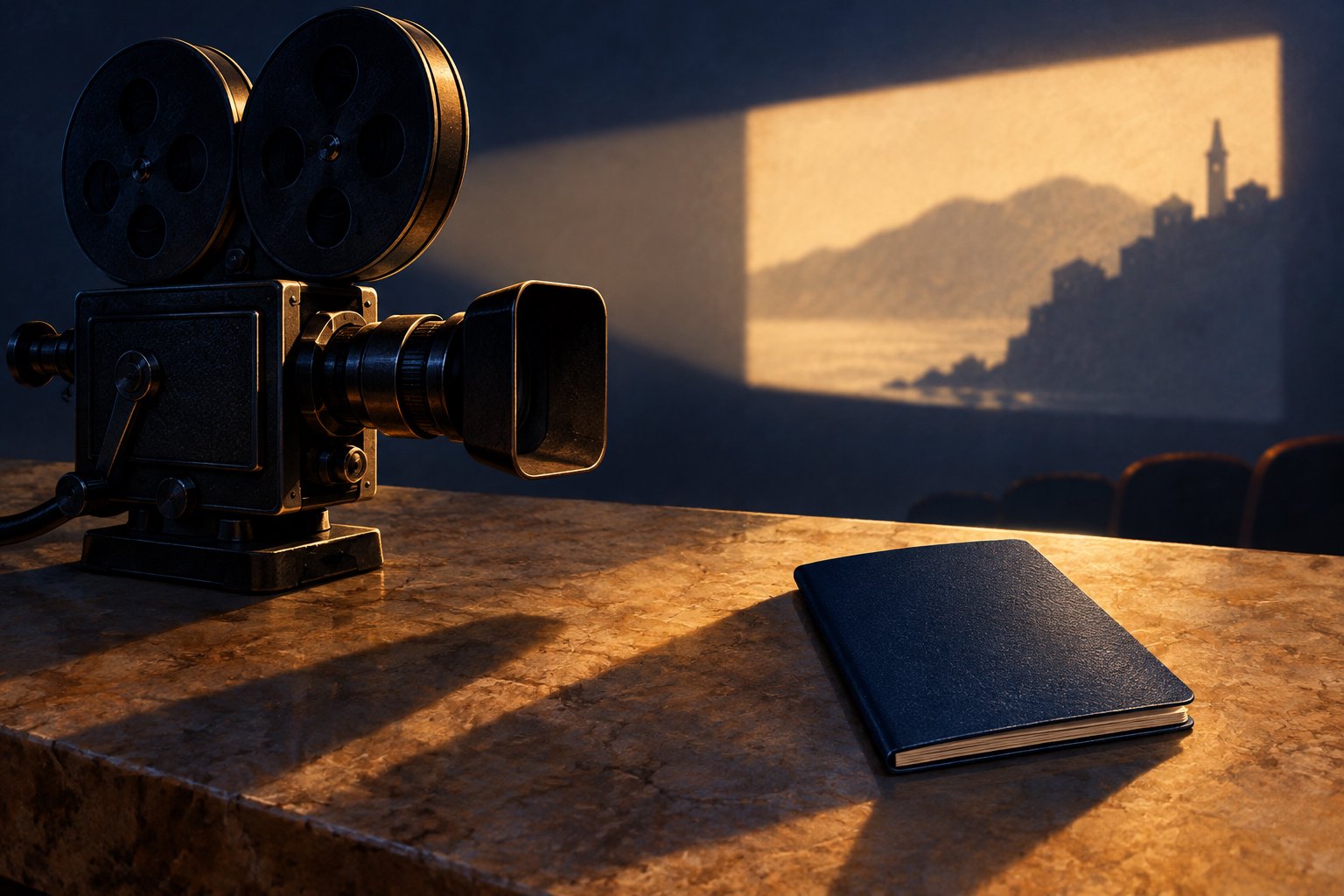 Symbolic illustration of a film camera and an unmarked blue booklet on a stone table beside a cinema projection.