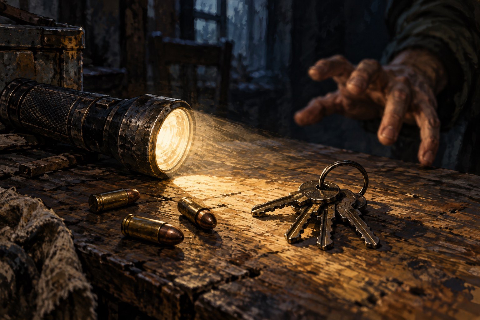 Concept illustration of a hand reaching toward keys beside three cartridges and a glowing flashlight on a weathered workbench.