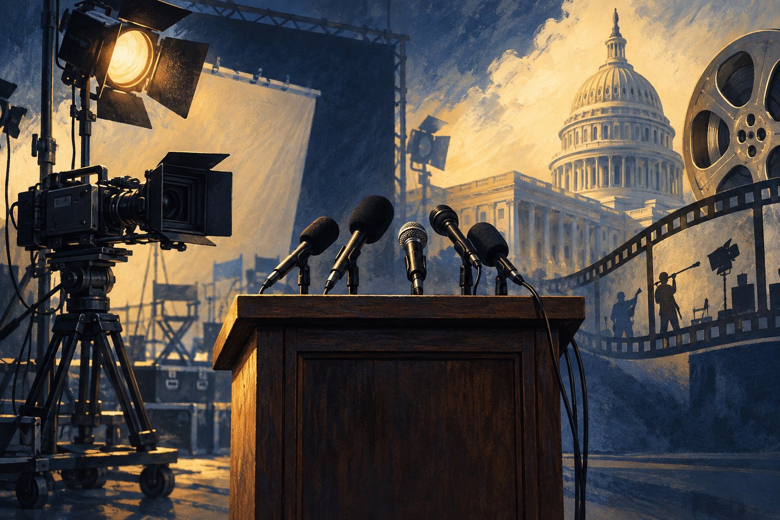 Conceptual illustration of microphones on an empty lectern with film production equipment in the background.