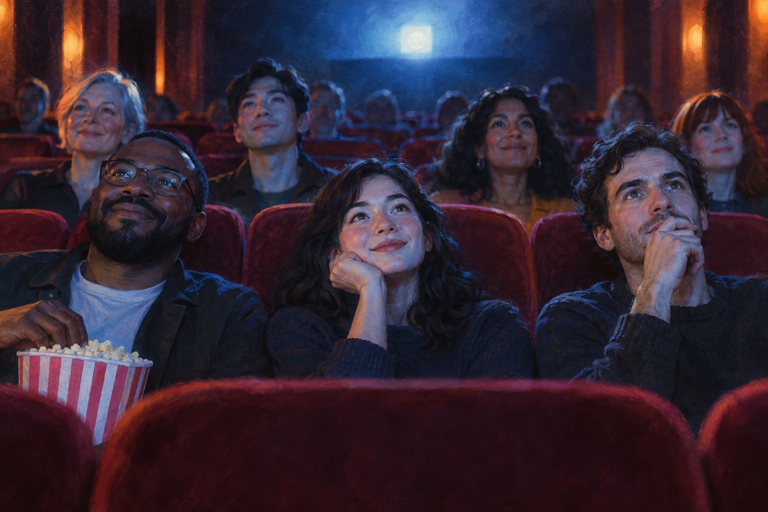 Conceptual illustration of moviegoers watching a film together, their faces illuminated by blue screen light above burgundy seats.
