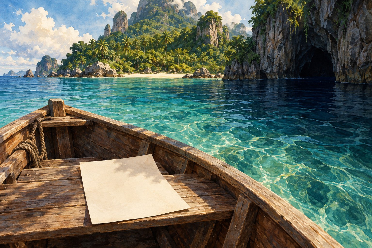 Conceptual illustration of a blank invitation aboard a wooden boat approaching a sunny island and a shadowed coastal cave.