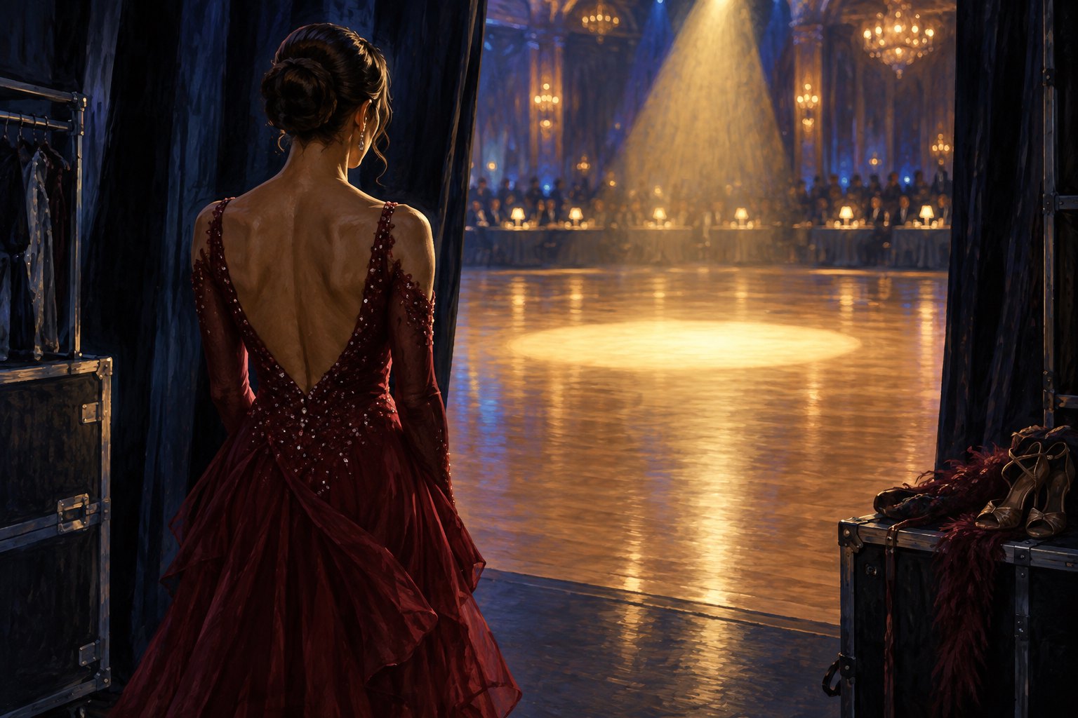 Conceptual illustration of a woman in a burgundy ballroom gown watching an empty spotlight from backstage.