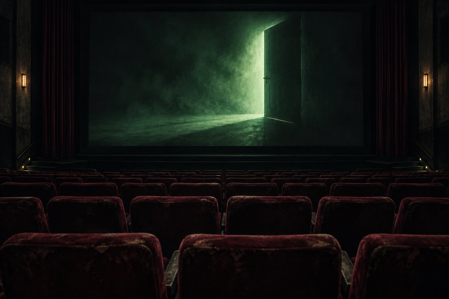 Conceptual illustration of an empty movie theater facing an eerie green screen with a shadowy doorway.