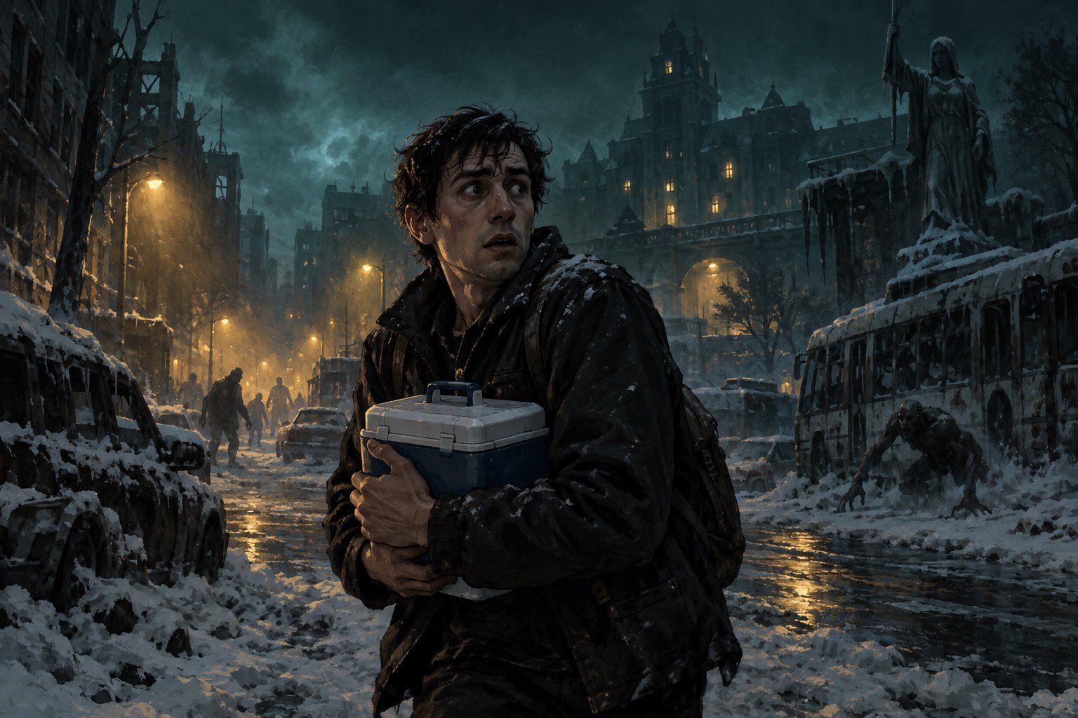 Concept illustration of a frightened courier clutching a cooler on a snowy city street with shadowy figures behind him.