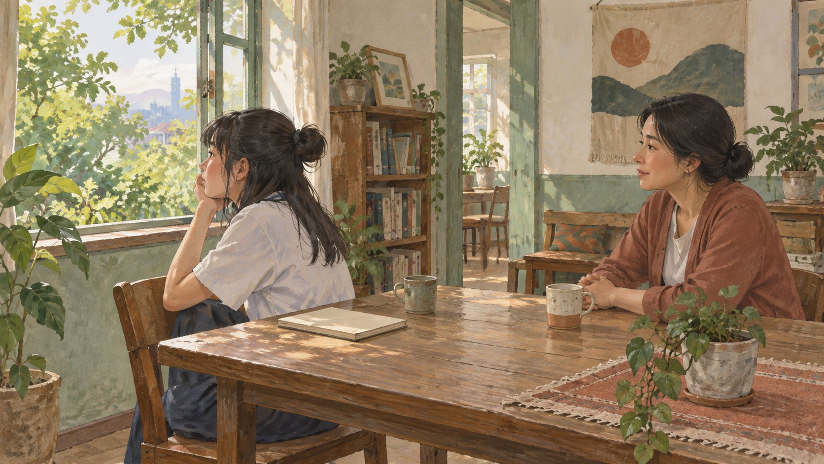 原創概念插畫：女孩望向窗外綠樹，成年女性隔著木桌安靜陪伴，保留自在的談話距離