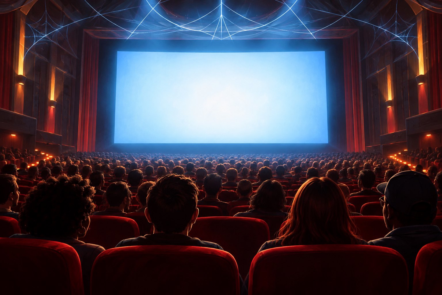 Editorial illustration of a packed movie theater facing a luminous blank screen beneath web-like ceiling reflections.