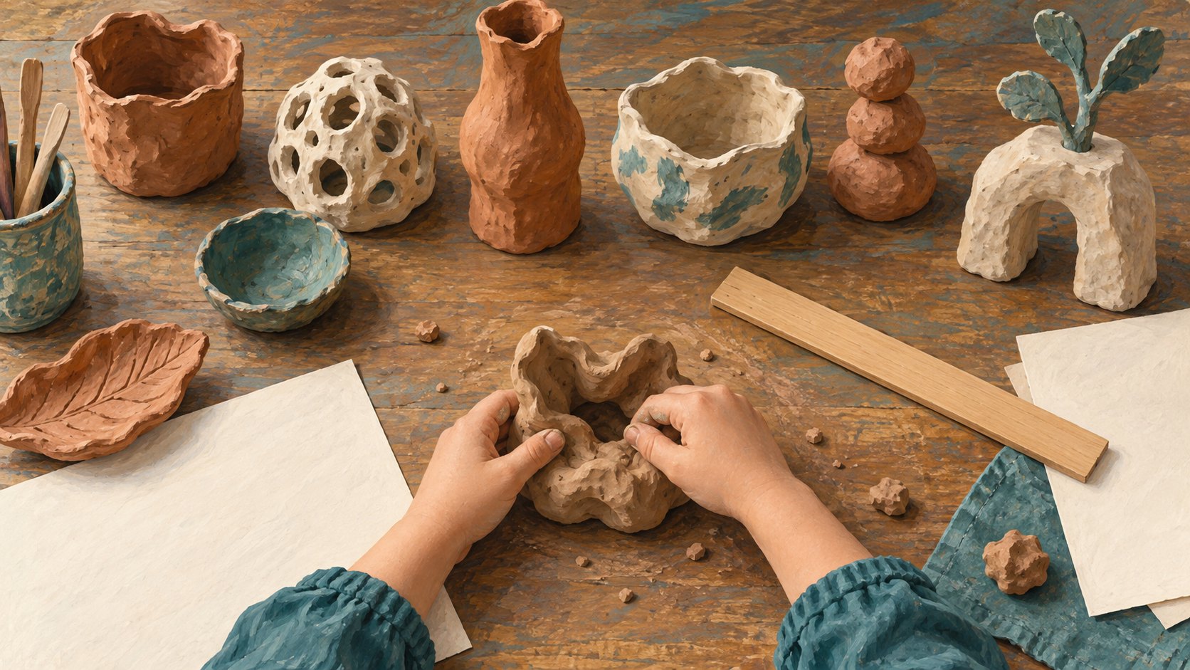 概念插畫:孩子在桌面捏塑陶土,周圍擺著不同造型的作品與移到一旁的木尺