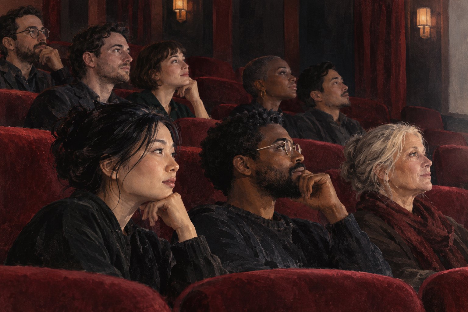 Painterly illustration of attentive moviegoers in red theater seats, their faces illuminated by an unseen screen.