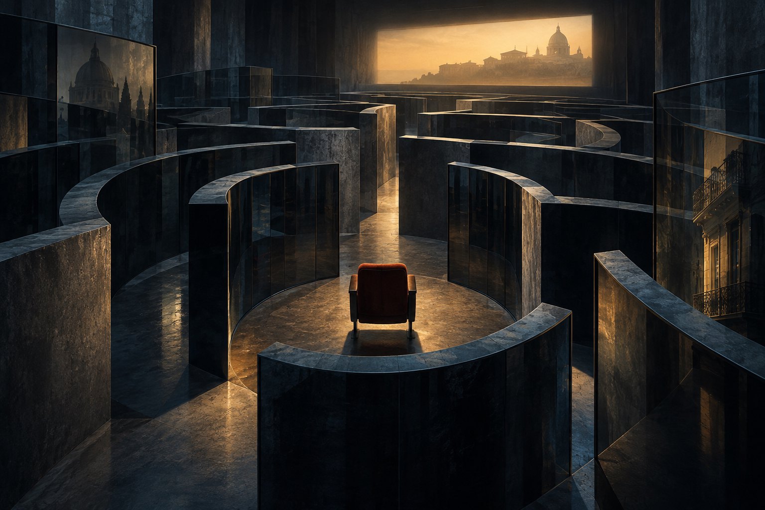 Conceptual illustration of an empty cinema chair inside a dark labyrinth facing a glowing screen.
