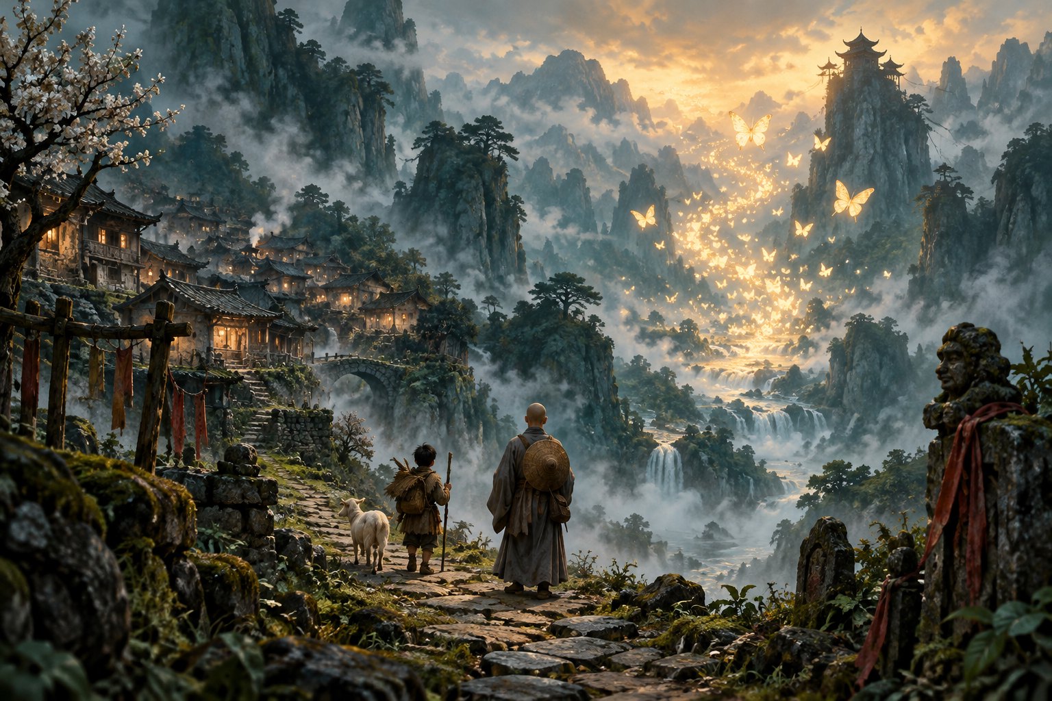 原创意象插画：羊倌与僧人的背影立于山间石路，远处雾谷中金色蝴蝶飞舞，非影片剧照