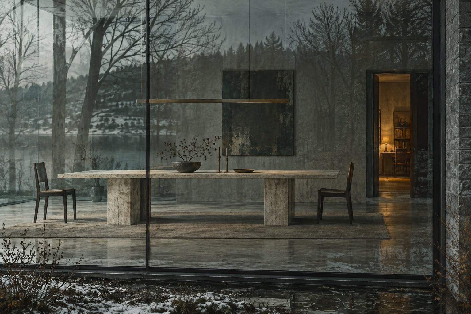 Conceptual illustration of two empty chairs separated by a long dining table behind glass reflecting winter trees.