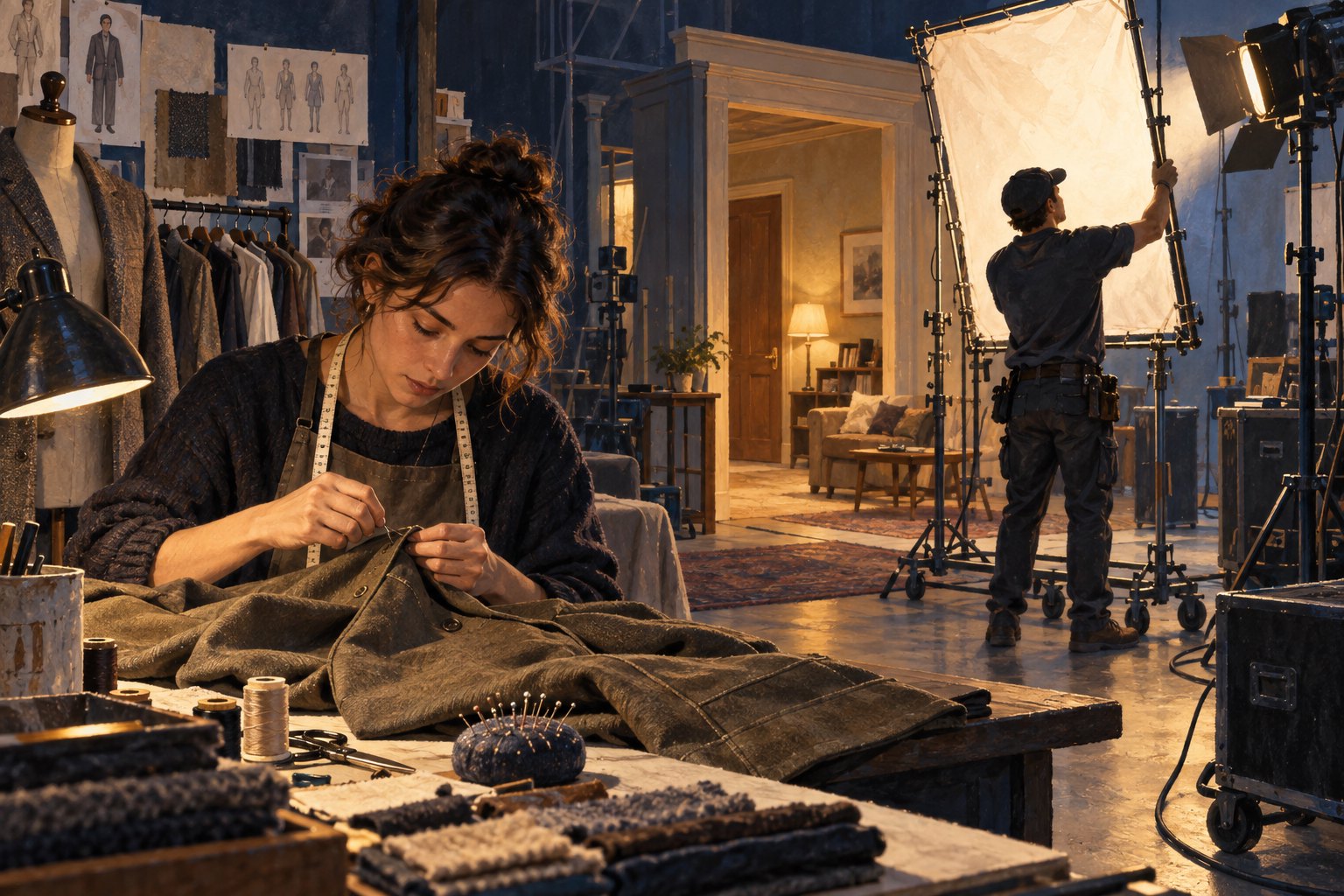 Conceptual illustration of a costume craftsperson sewing a jacket while a lighting technician adjusts a diffusion frame on a fictional film set.