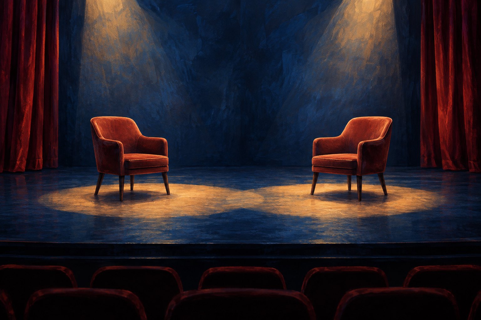 Conceptual illustration of two empty rust-colored chairs separated by a wide gap on a softly lit theater stage.