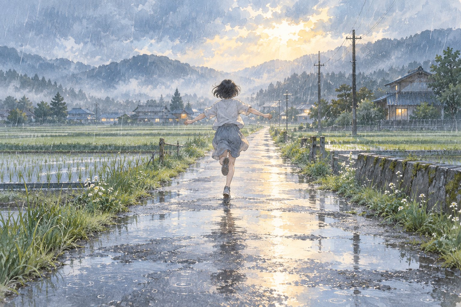 原创主题插画:短发少女在雨中的乡间小路上轻快奔跑,水洼映着天空