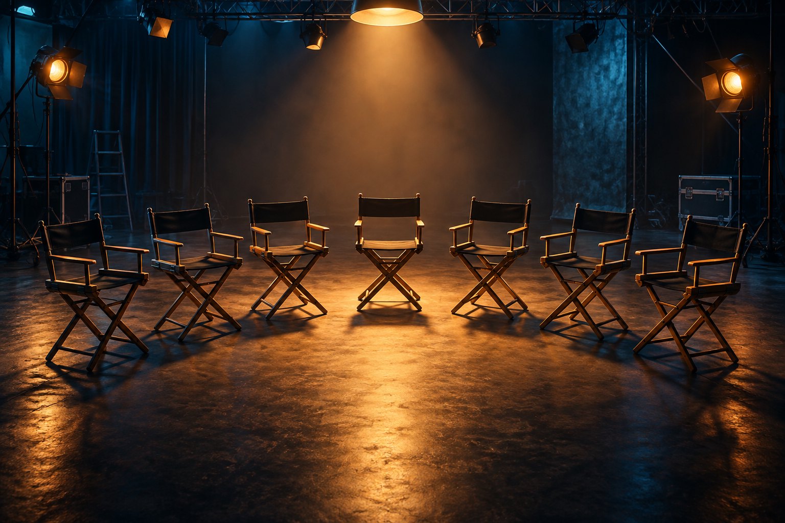 Conceptual illustration of seven empty actor chairs beneath warm lights on a dark soundstage.