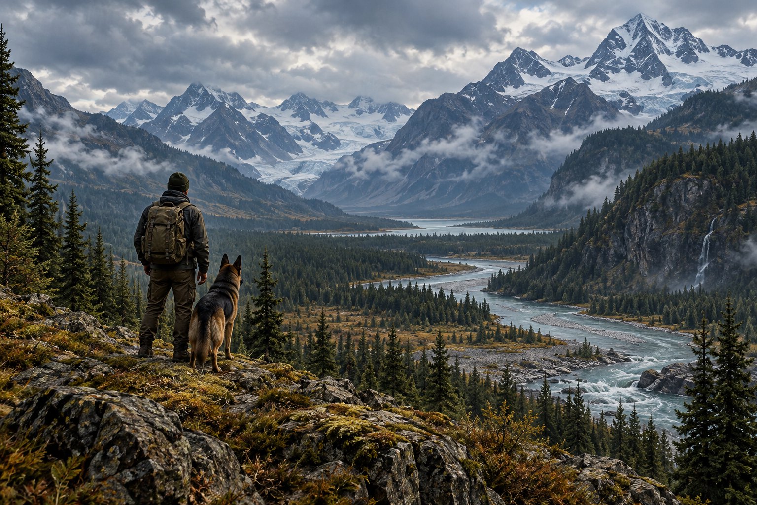 Concept illustration of a traveler and German shepherd overlooking a mountainous wilderness river valley, not a scene from the film.