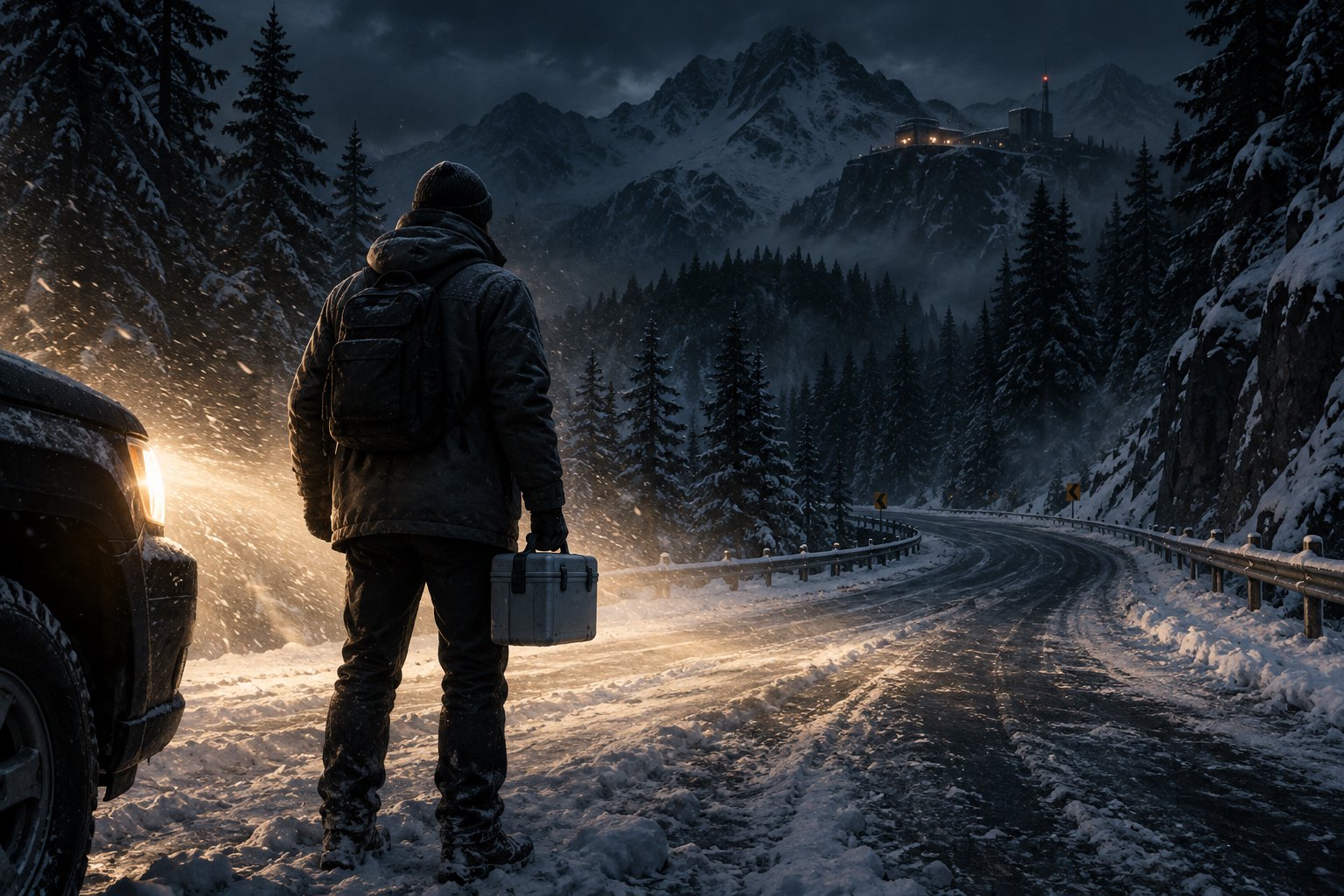 Conceptual illustration of a lone courier carrying a case beside a snowy mountain road illuminated by car headlights.
