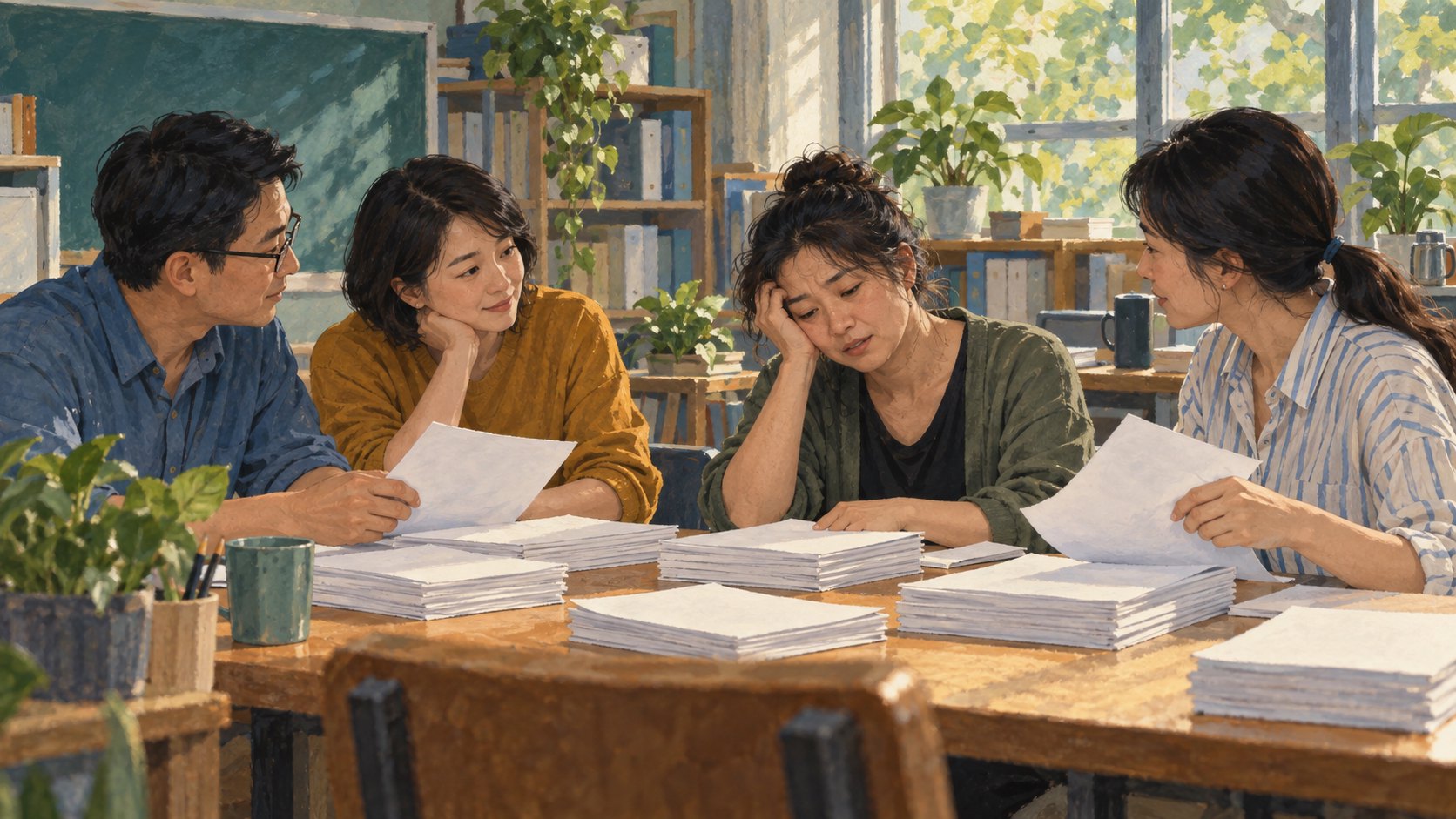 原創概念插畫:教師們圍桌傾聽疲憊同事並分擔工作,呈現敬師敘事中的支持與合作