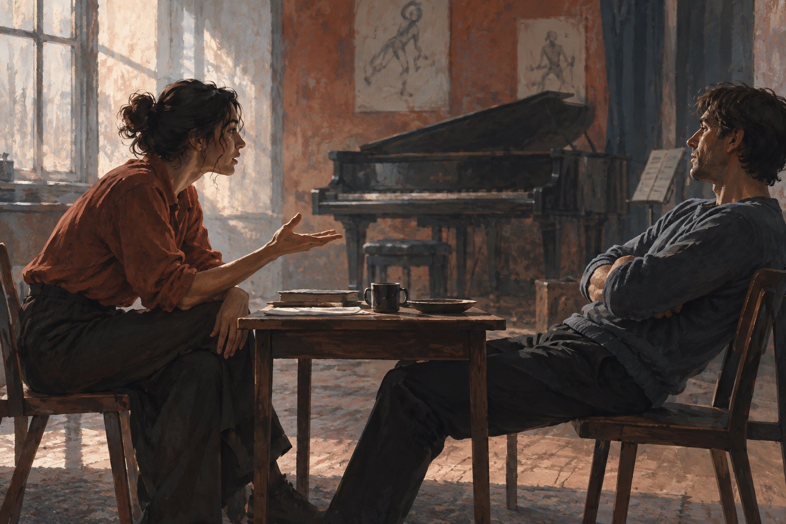 Conceptual illustration of two people with contrasting postures talking across a table, with a piano behind them.