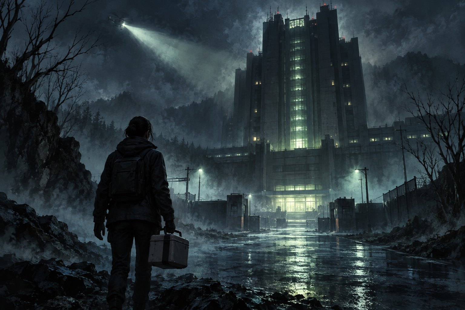 Concept illustration of a lone medical courier facing a hospital tower beneath a searchlight in the night fog.
