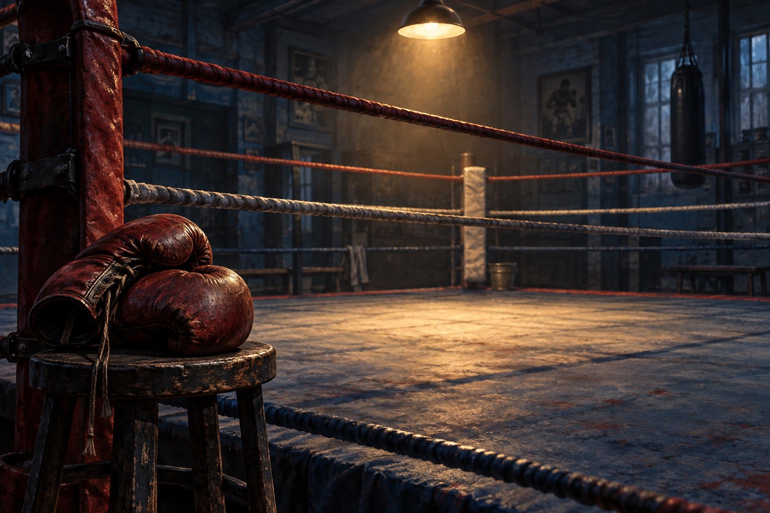 Conceptual illustration of boxing gloves on a corner stool beside an empty ring under warm gym lights.