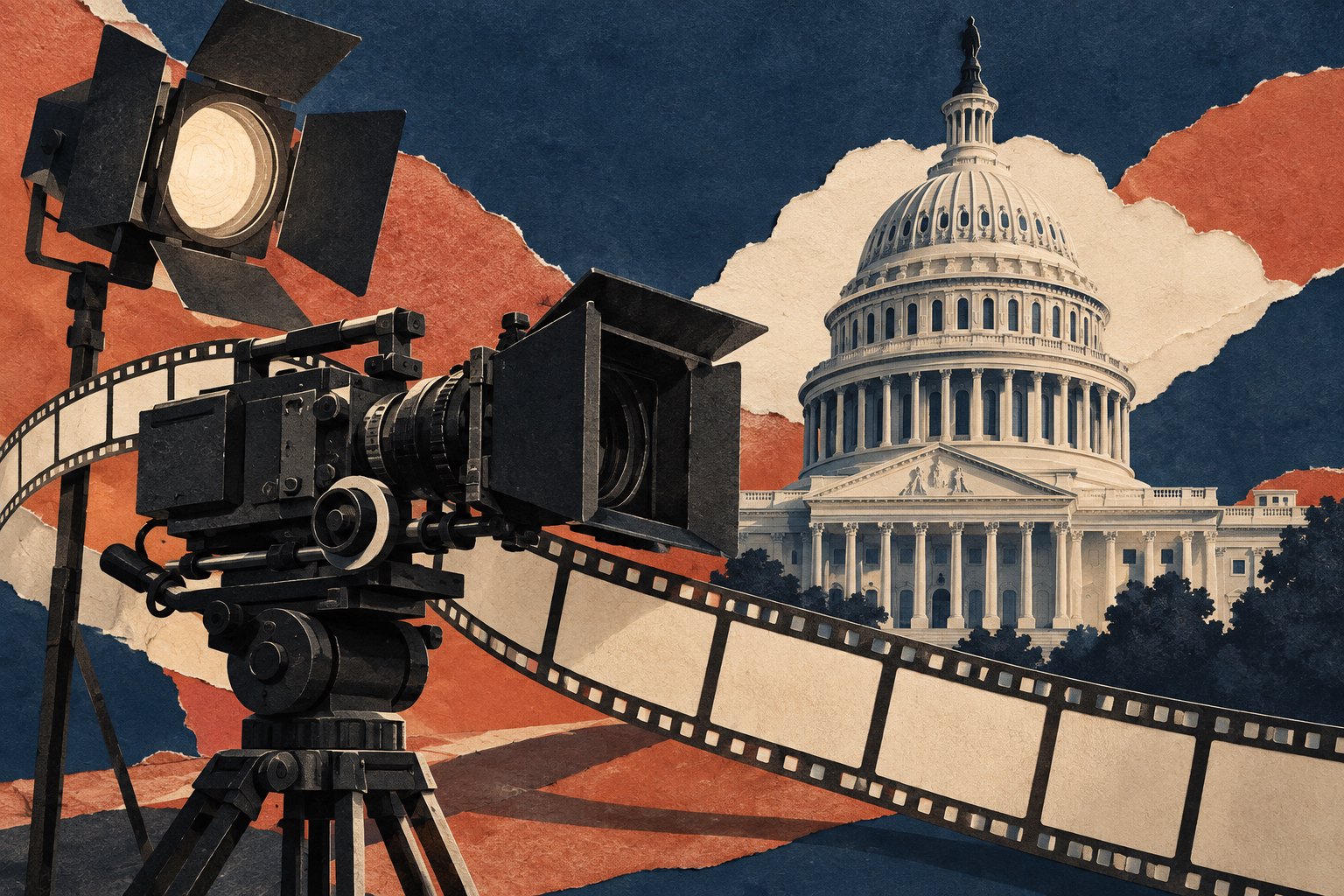 Paper-cut illustration of a cinema camera and studio light in front of the United States Capitol dome.