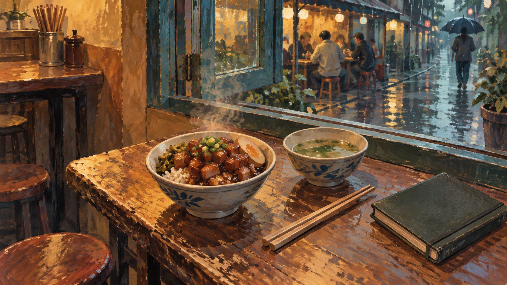 原創概念插畫：小吃店木桌上的滷肉飯、熱湯與筆記本，窗外映著雨中街道和用餐人影