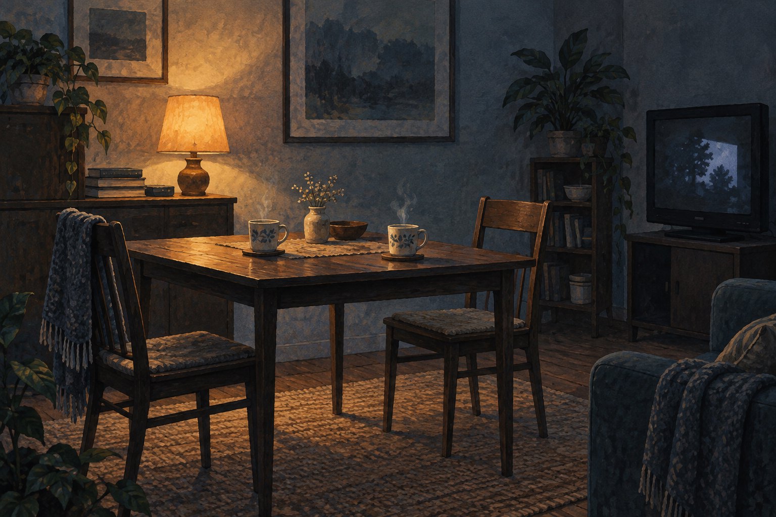 Symbolic illustration of two steaming cups and empty chairs beside a softly lit table and a dark television.