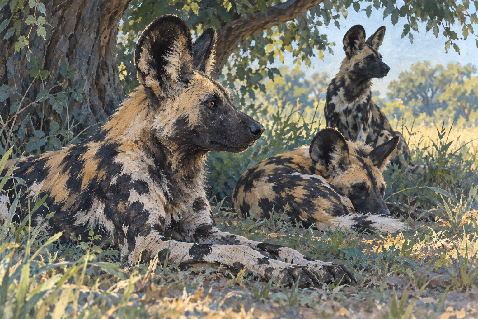 Interpretive illustration of three African wild dogs resting beneath a tree, with two alert and one curled in the shade.