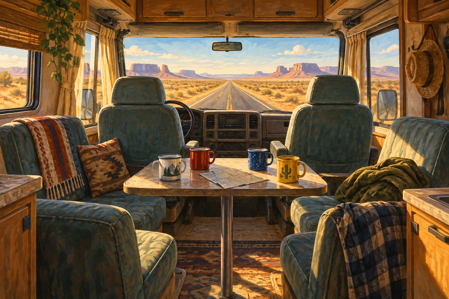 Conceptual illustration of four empty seats and mismatched mugs inside a sunlit camper overlooking a desert highway.