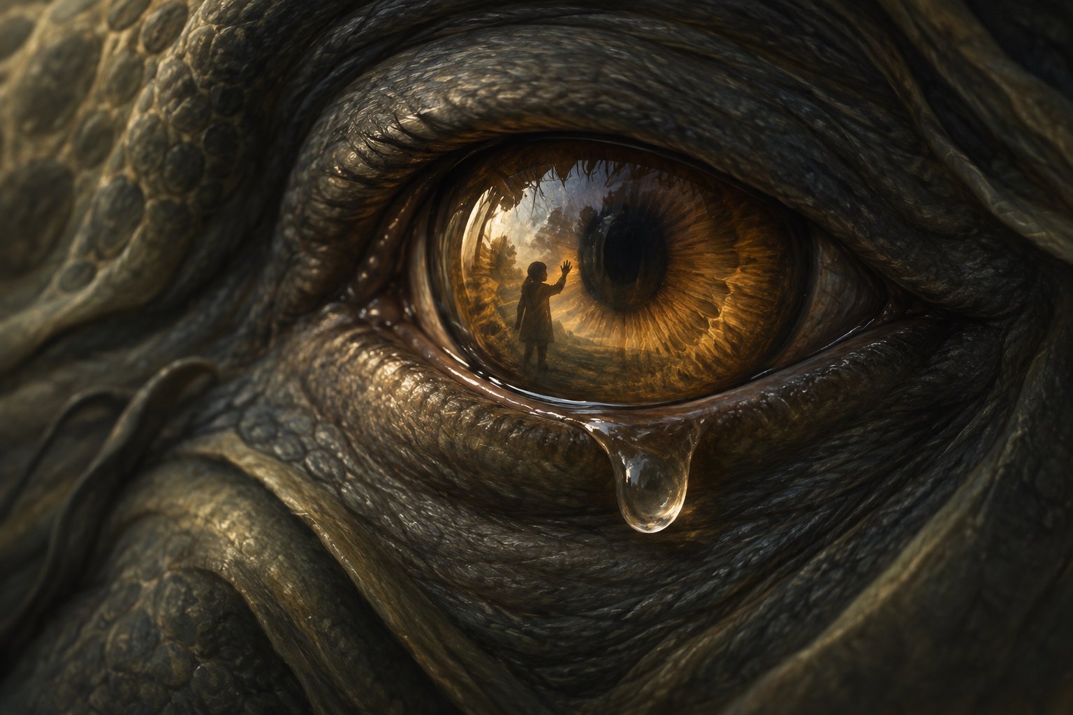 Symbolic close-up of a creature’s amber eye reflecting a human silhouette, with a tear beneath its eyelid.