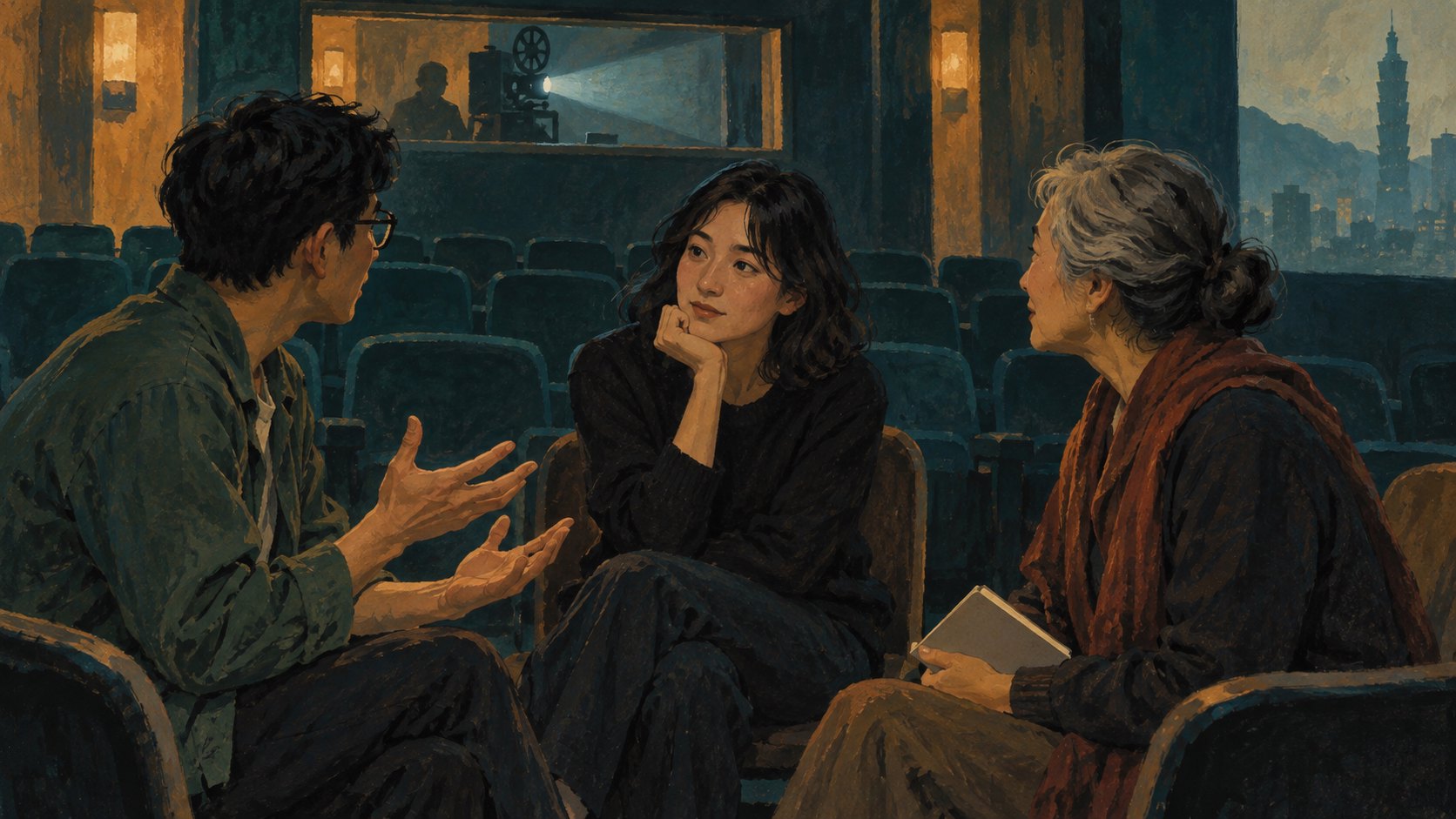 原創概念插畫：不同世代的觀眾坐在戲院座椅間交談與傾聽，呈現映後交流的情境，非活動現場紀錄。