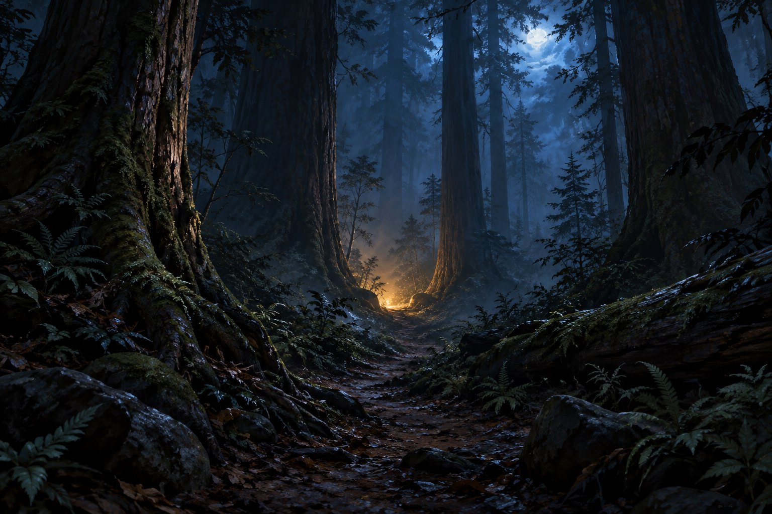 Conceptual illustration of a misty forest at night with a winding trail and distant amber light.