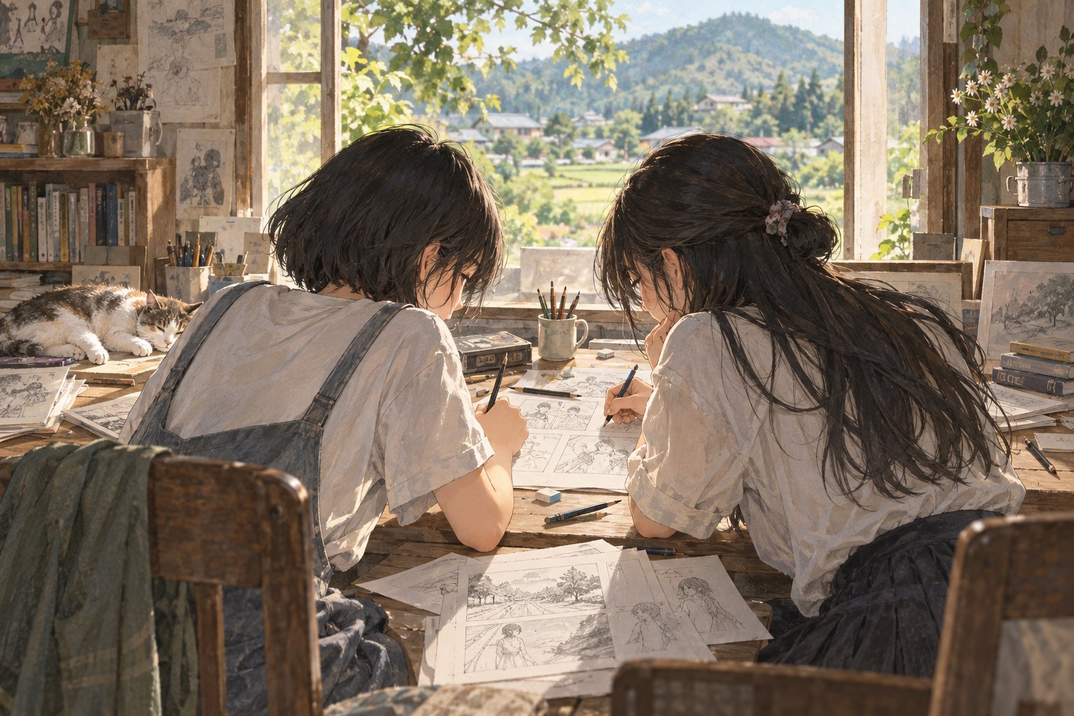 原创主题插画：两名少女并肩坐在窗前木桌旁绘画，阳光照亮画稿