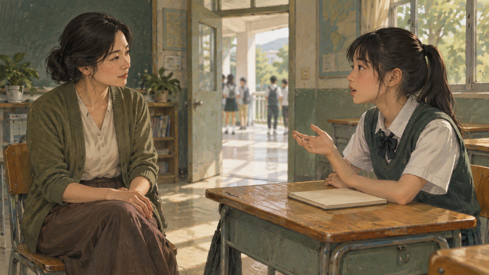 概念插畫：學生坐在課桌旁表達想法，老師保持距離專注聆聽